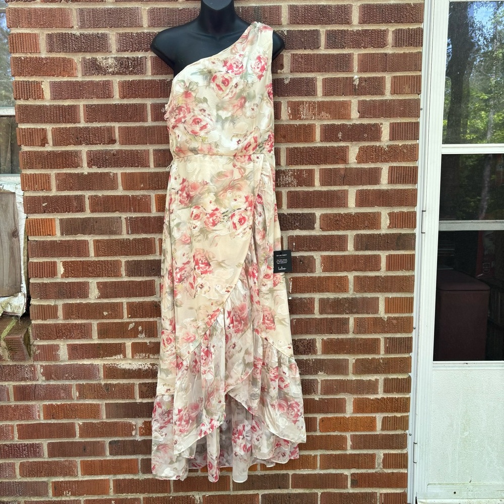 Lulus NWT Sending Signals Cream Floral One-Shoulder High Low Dress Sz L